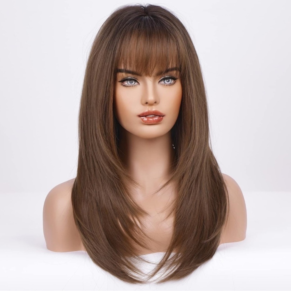Dark Brown Synthetic Women's Wig Layered Wigs with Bangs Middle length Straight